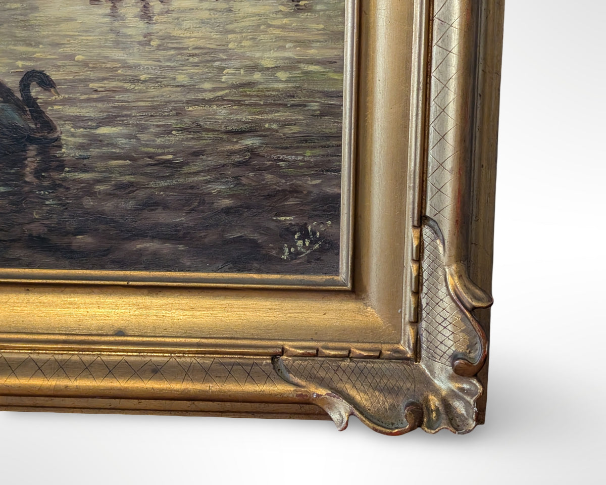 Vintage Painting Swans Harbor Sunset 18" W x 22" H Gilt Wood Frame - Image 6