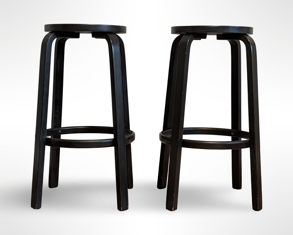 Pair of Artek Alvar Aalto #64 Black Lacquer Wood Bar Stools Mid Century Modern - Image 2