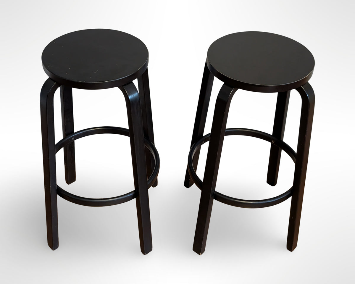 Pair of Artek Alvar Aalto #64 Black Lacquer Wood Bar Stools Mid Century Modern - Image 3