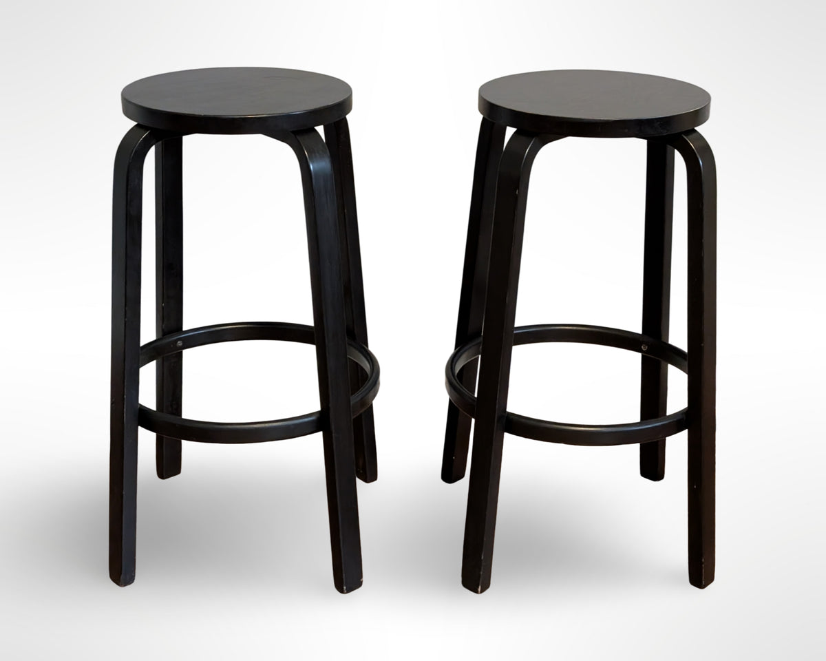 Pair of Artek Alvar Aalto #64 Black Lacquer Wood Bar Stools Mid Century Modern - Image 1