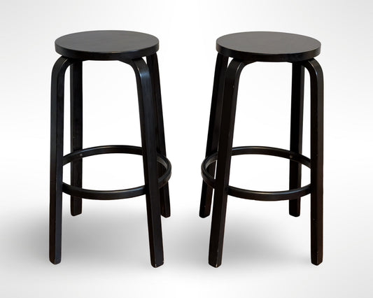 Pair of Artek Alvar Aalto #64 Black Lacquer Wood Bar Stools Mid Century Modern - Image 1