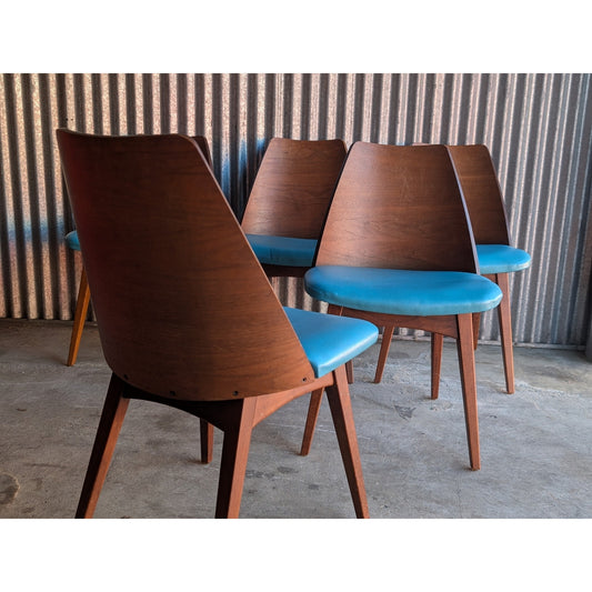 Set of 5 Mid-Century Modern Bentwood Shell Chairs by Foster McDavid – Walnut & Turquoise Vinyl, 1960s