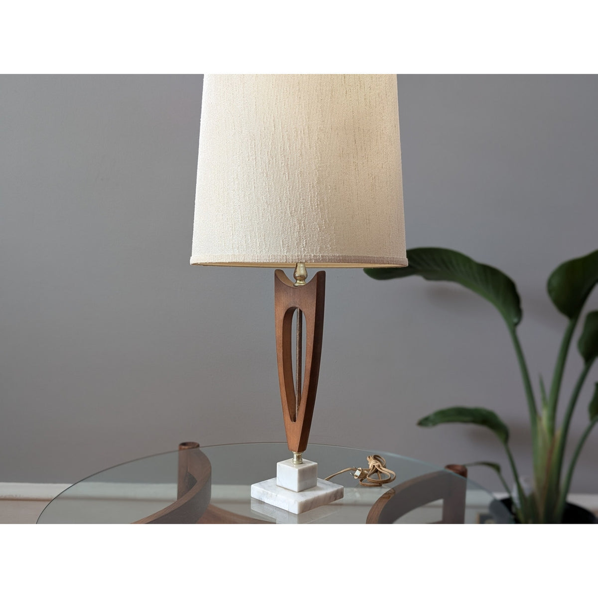 Vintage Mid-Century Modern Wood Lamp with White Stone Base and Shade – 29.75” Tall