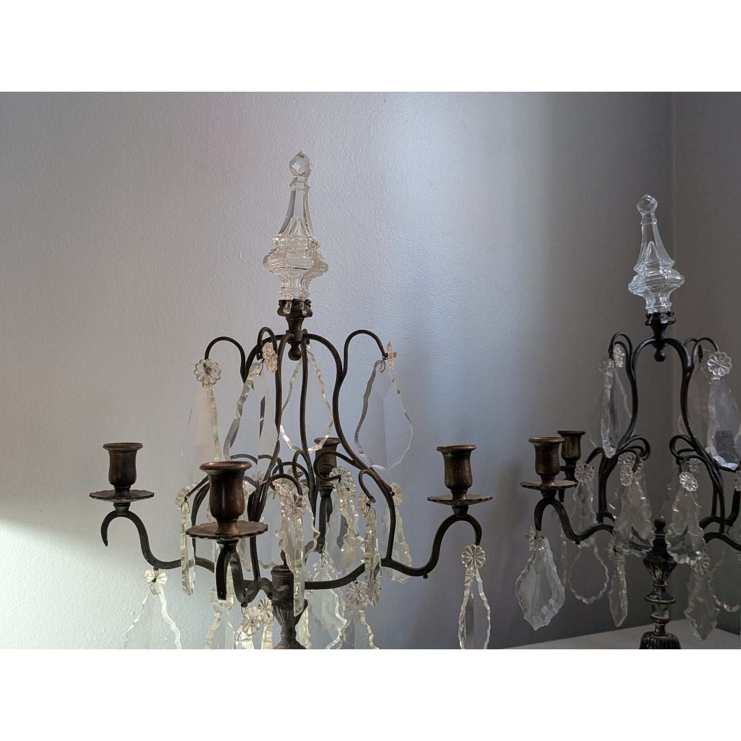 Pair of Vintage Louis XV Style Brass & Cut Glass Girandole Candelabras