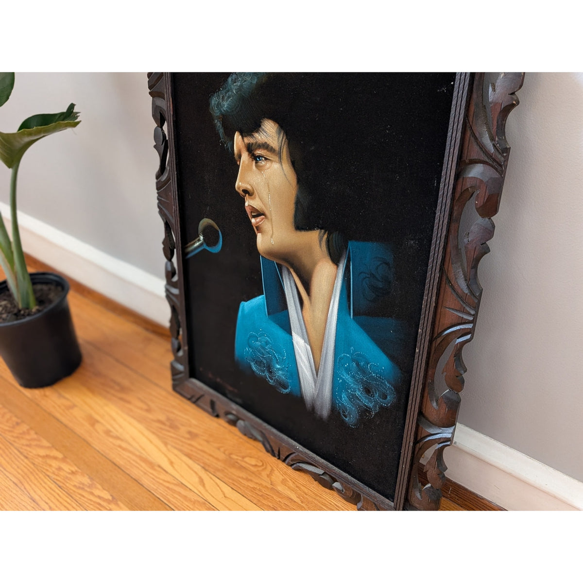 Large Vintage Crying Elvis Black Velvet Painting with Wood Frame — additional view 3