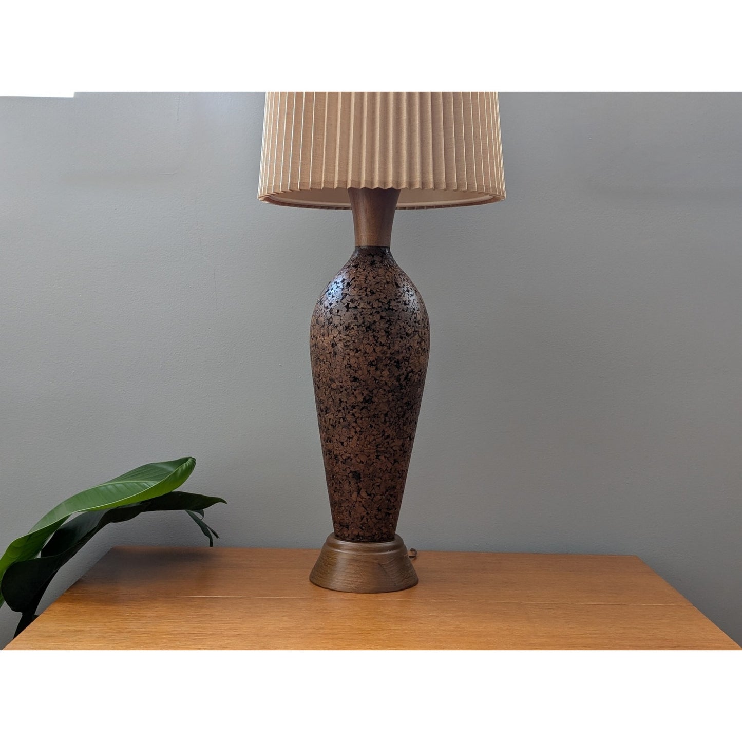 Large Vintage Mid-Century Modern Walnut and Cork Lamp with Stiffel Shade