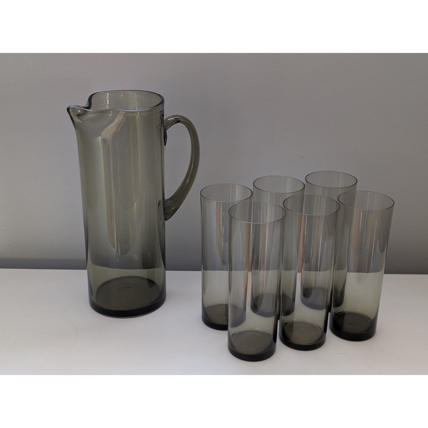 Vintage Mid-Century Modern Smoked Glass Lemonade Set with Pitcher & 6 Highball Glasses