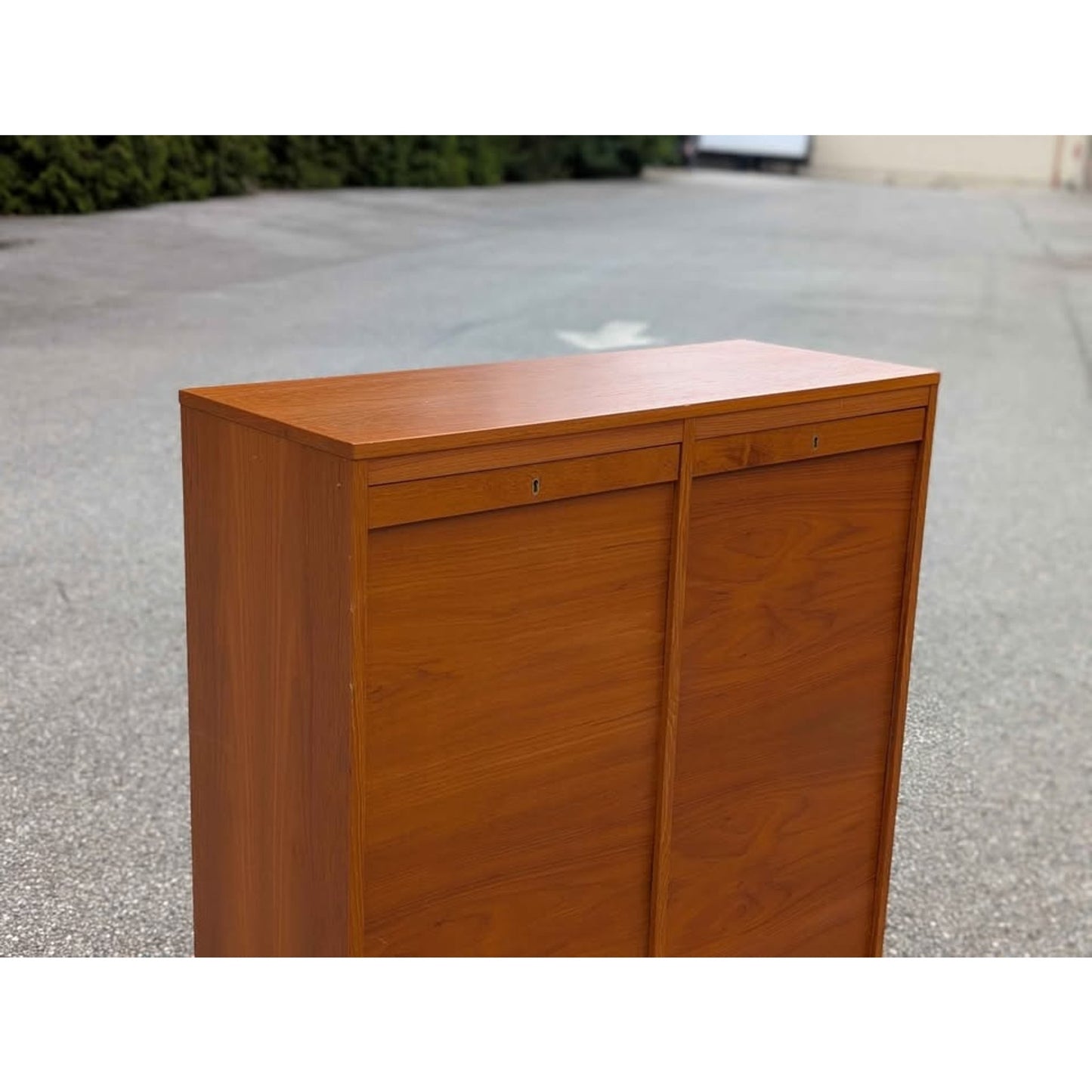 Danish modern teak cabinet with tambour doors and original key