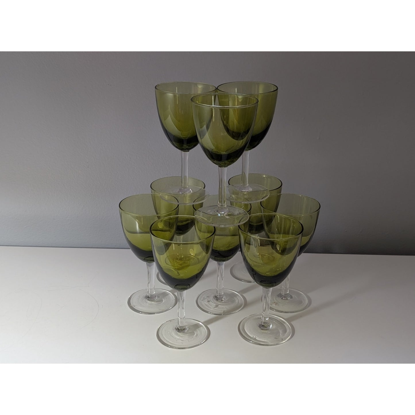 Set of 10 Vintage Mid-Century Modern Green Stemmed Glasses