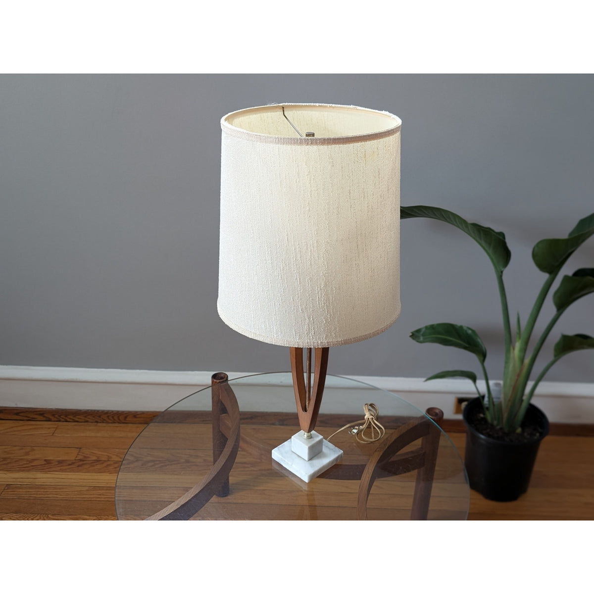 Vintage Mid-Century Modern Wood Lamp with White Stone Base and Shade – 29.75” Tall — additional view 3
