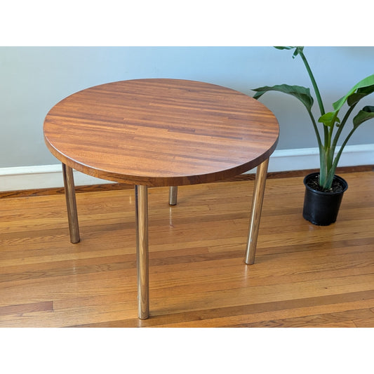 Vintage Mid-Century Modern Chrome and Solid Oak Round Dining Table