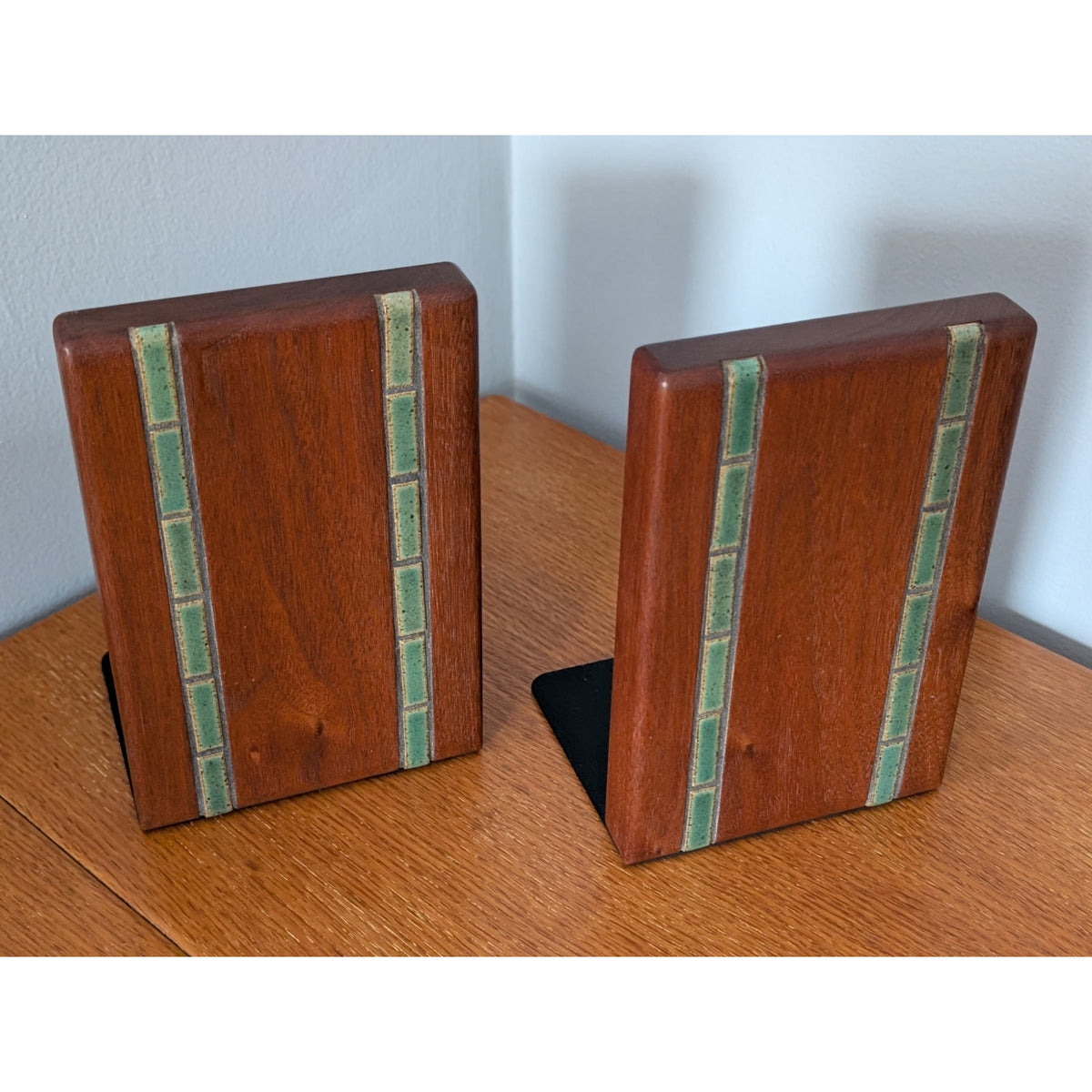 Vintage Martz for Marshall Studios Walnut Bookends with Inlaid Tile, labeled, 1960s — additional view 3