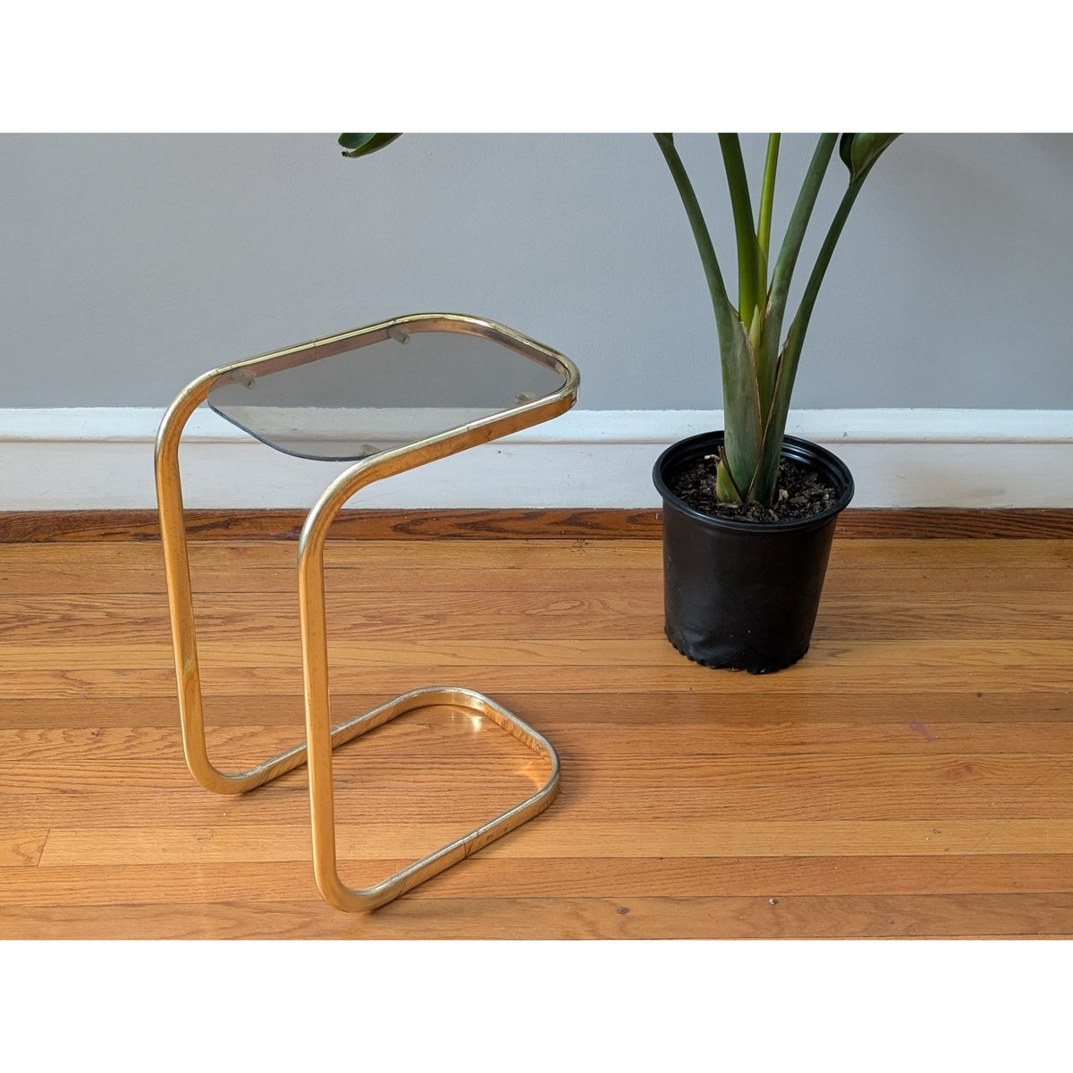 Vintage Mid-Century Modern Brass and Smoked Glass Cantilever Side Table — additional view 3
