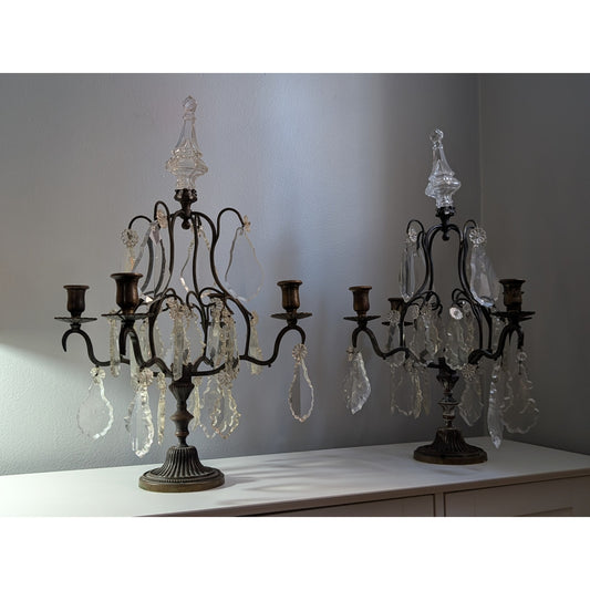 Pair of Vintage Louis XV Style Brass & Cut Glass Girandole Candelabras
