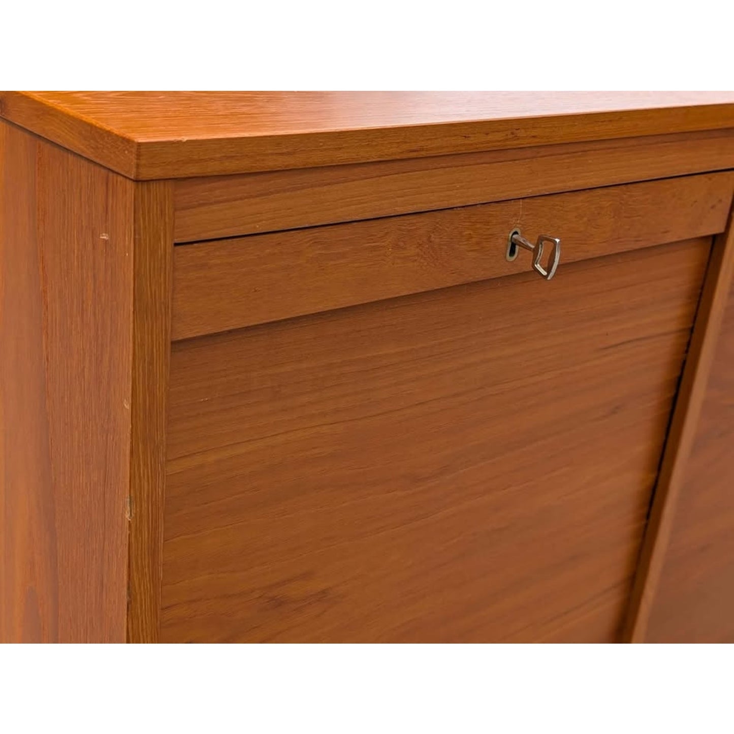 Danish modern teak cabinet with tambour doors and original key