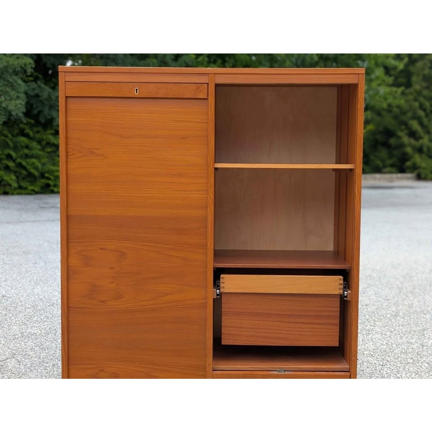 Danish modern teak cabinet with tambour doors and original key