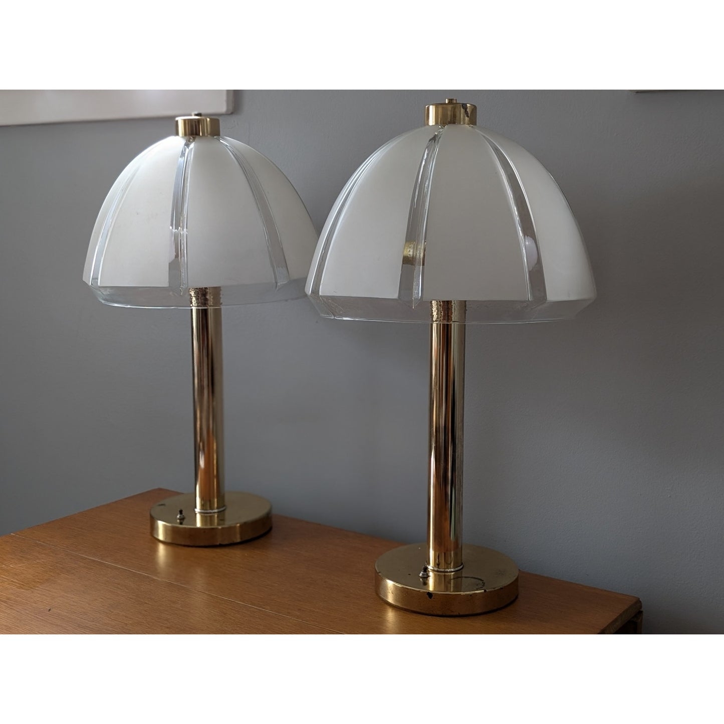 Pair of Vintage Clover Table Lamps with Frosted Mushroom Glass Shades