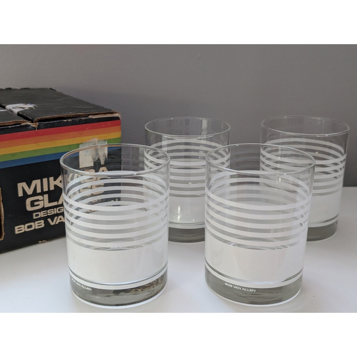 Set of 4 Vintage Bob Van Allen Double Old Fashioned Glasses by Mikasa, Original Box