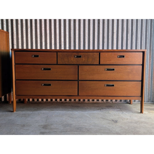 Vintage Lane Mid-Century Modern Long Dresser with Burlwood Drawers, Restored Top