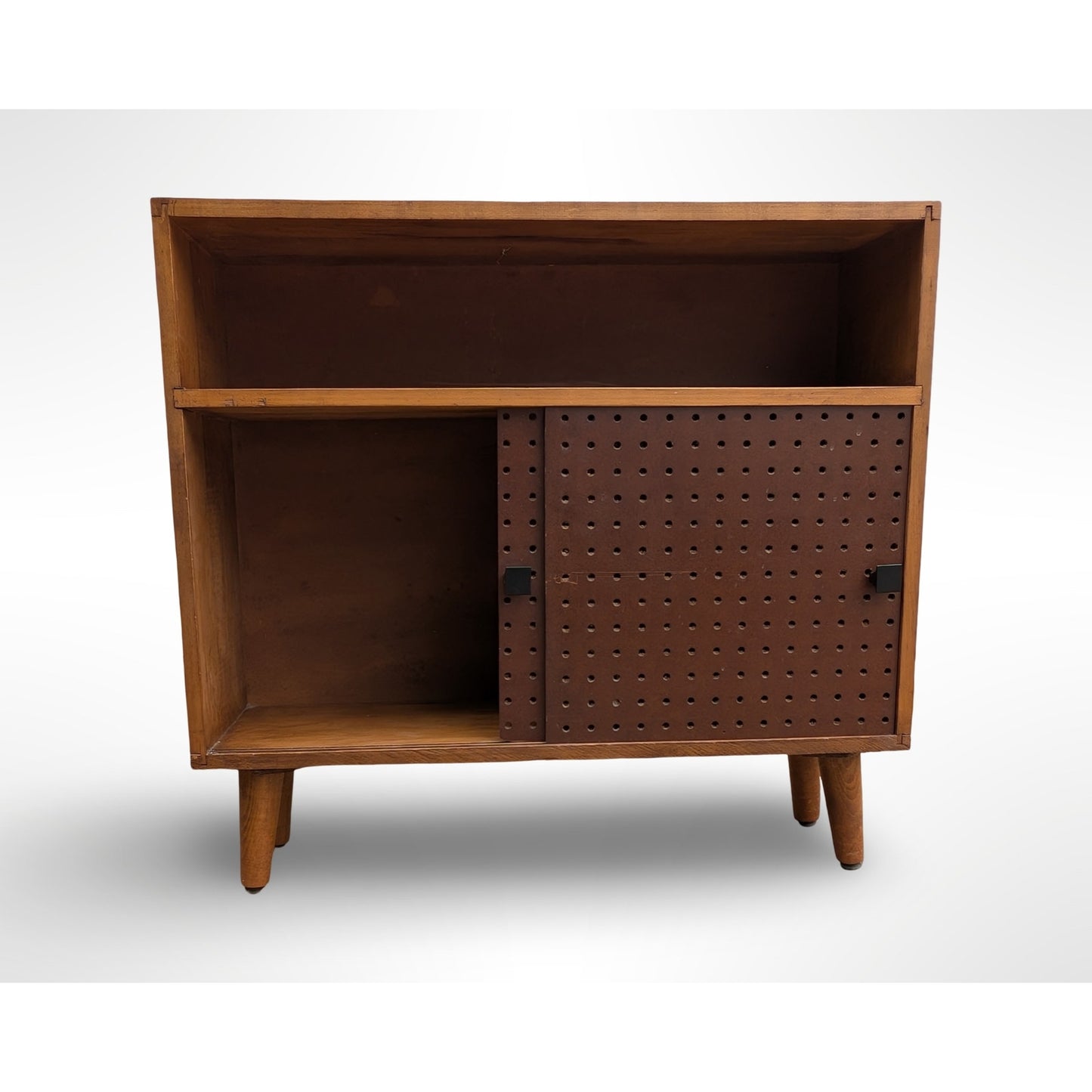 Vintage Mid Century Modern Maple Sliding Door Cabinet Pegboard Bookcase