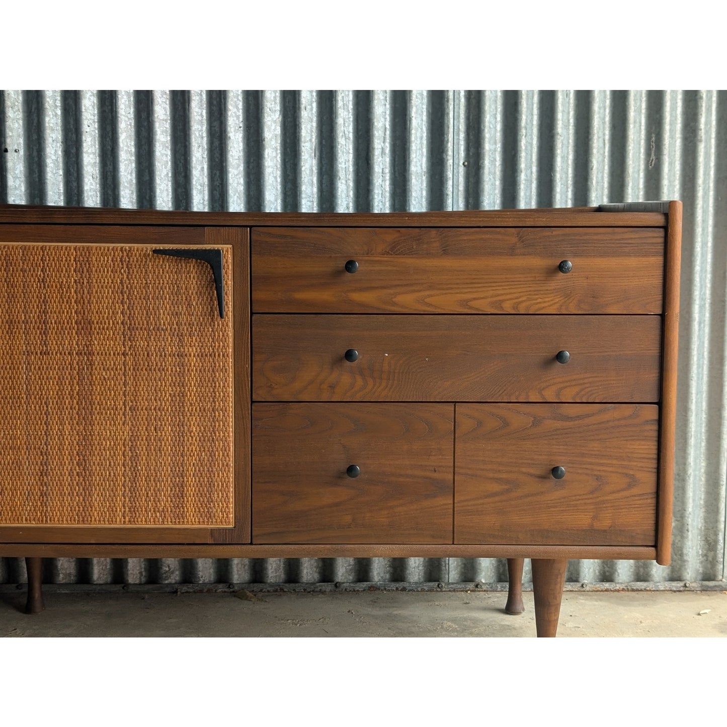 Heywood Wakefield Mid Century Modern Solid Oak Credenza with Cane Door