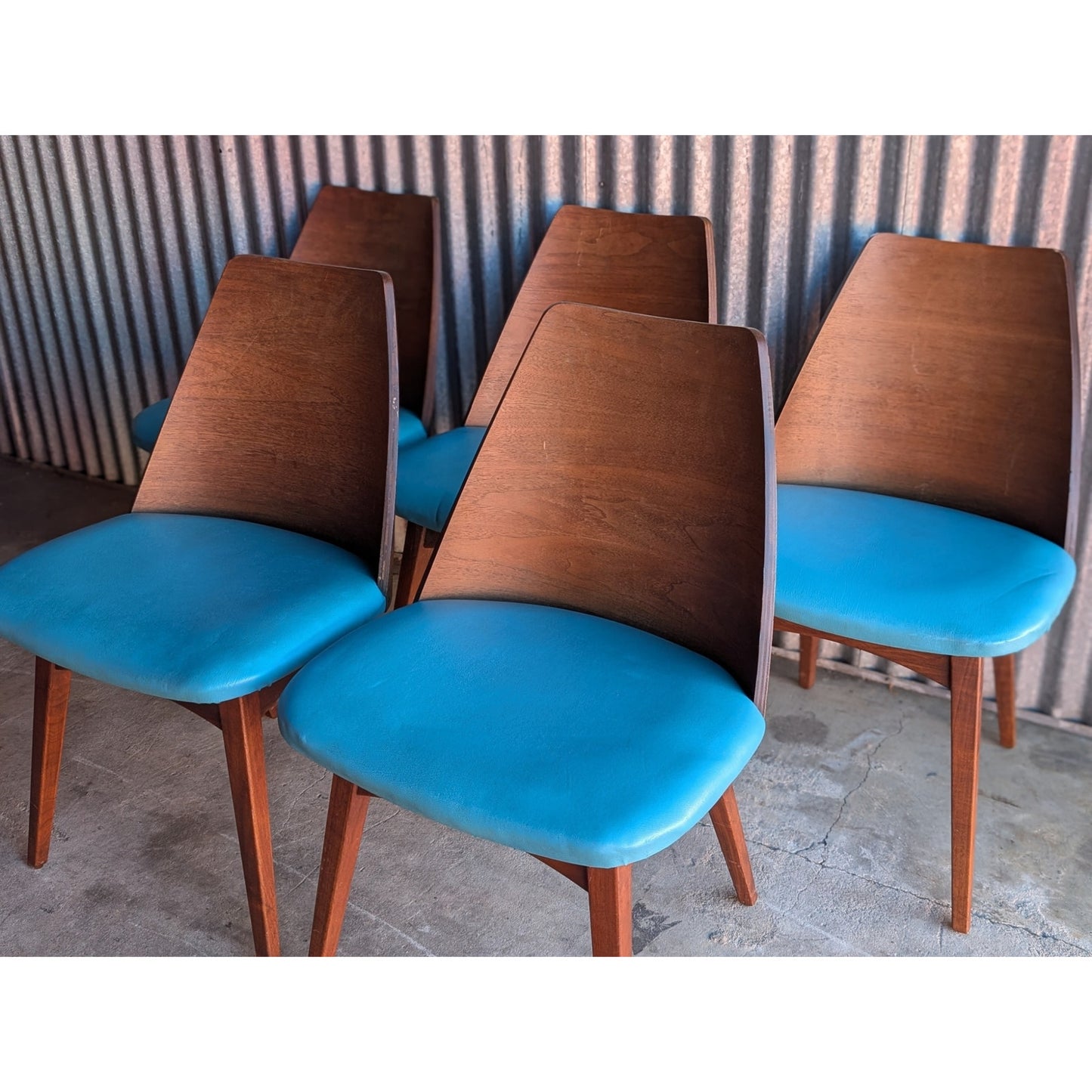 Set of 5 Mid-Century Modern Bentwood Shell Chairs by Foster McDavid – Walnut & Turquoise Vinyl, 1960s