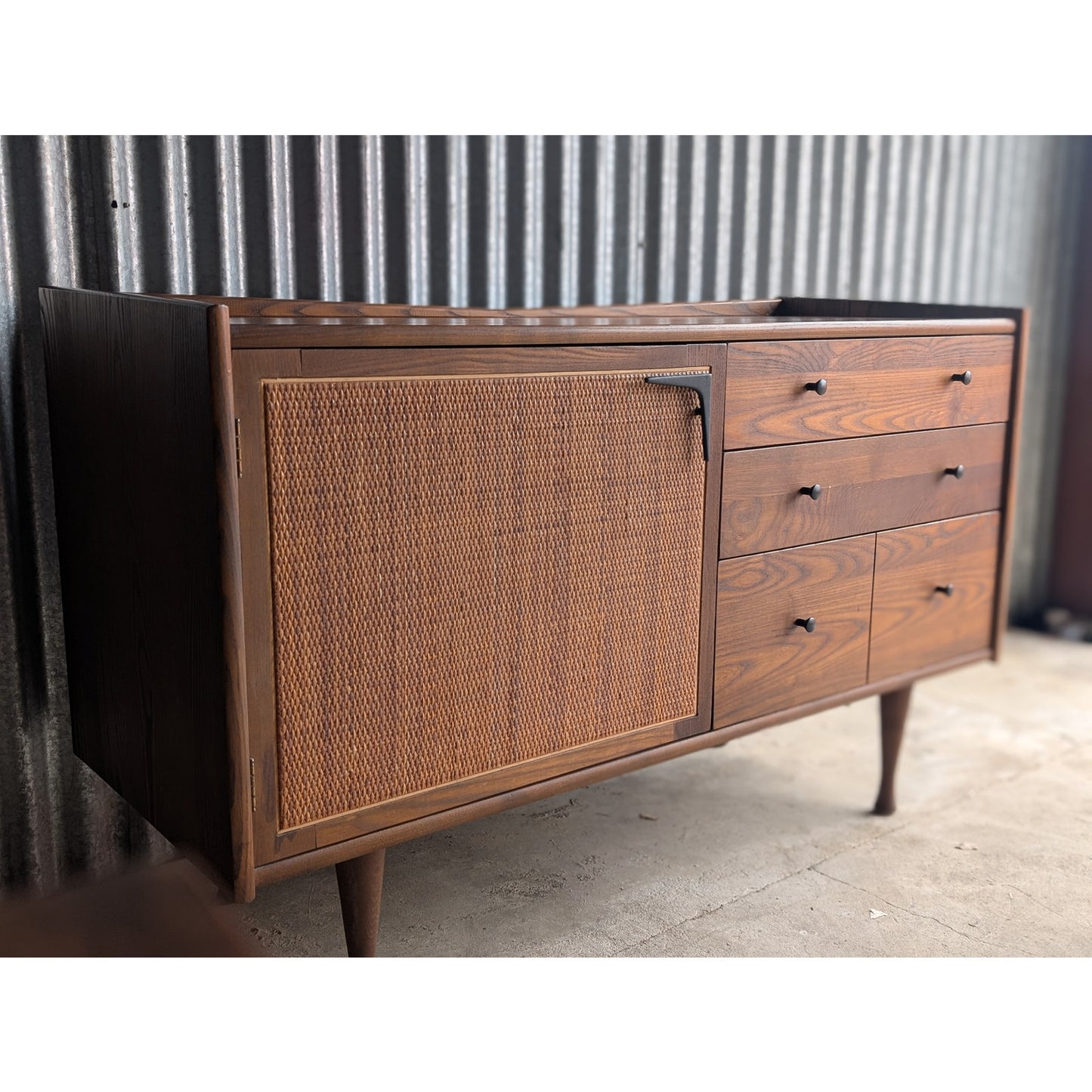 Heywood Wakefield Mid Century Modern Solid Oak Credenza with Cane Door