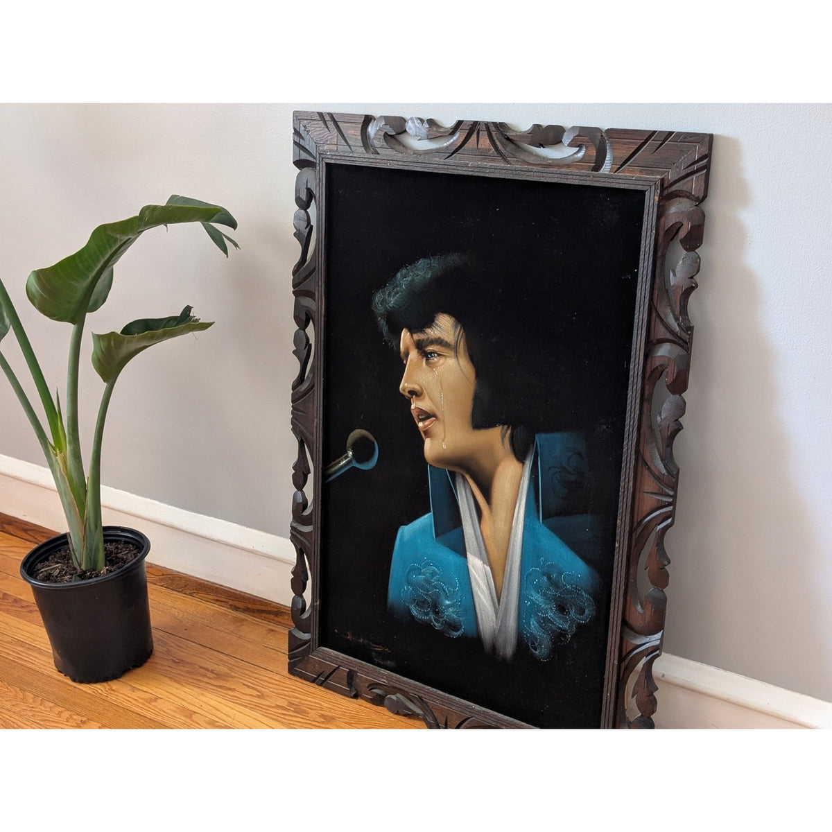 Large Vintage Crying Elvis Black Velvet Painting with Wood Frame — additional view 2