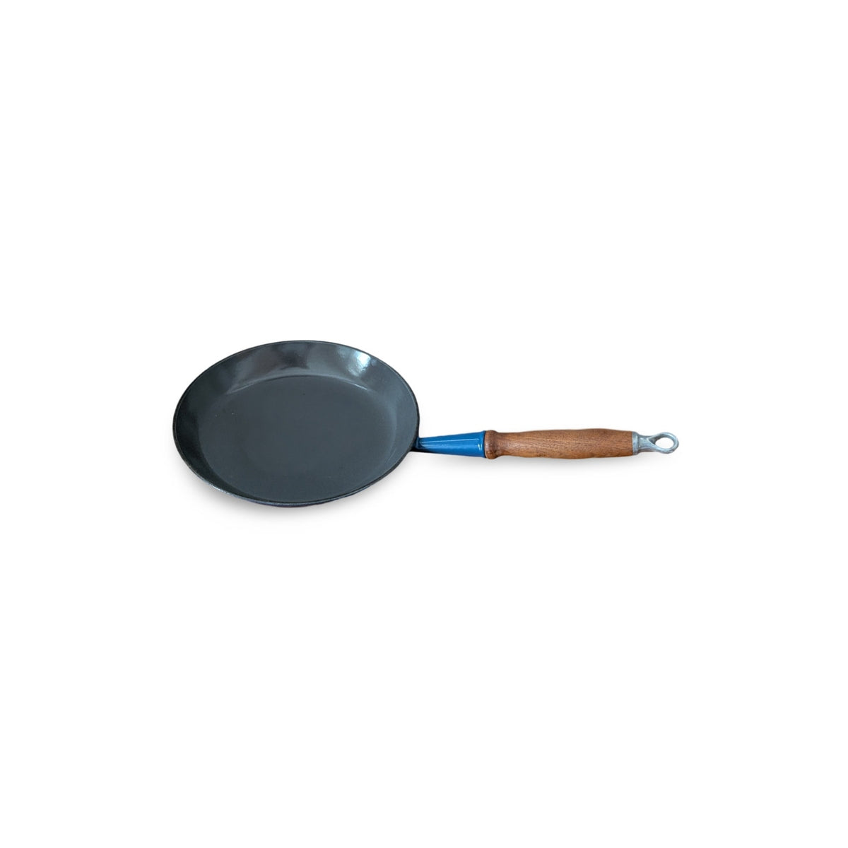 Vintage Mid-Century Modern Le Creuset #26 Blue Enamel Frying Pan Skillet with Wood Handle — additional view 4
