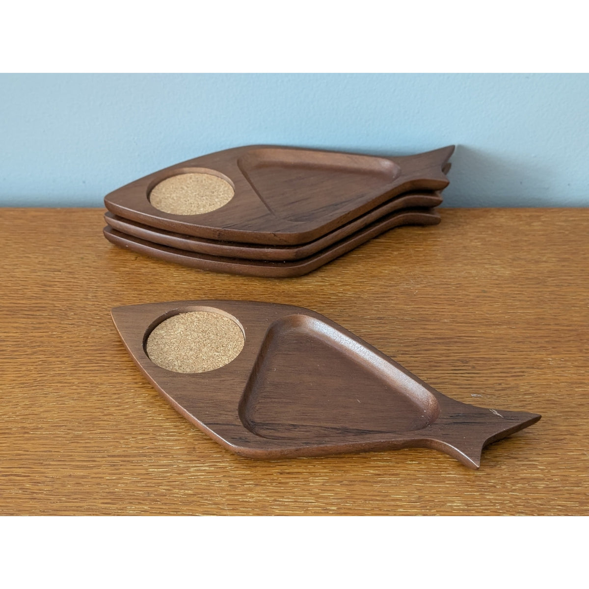 Vintage Set of 4 Jet Line Wood Fish Snack Tray Coasters - Mid-Century Modern — additional view 3