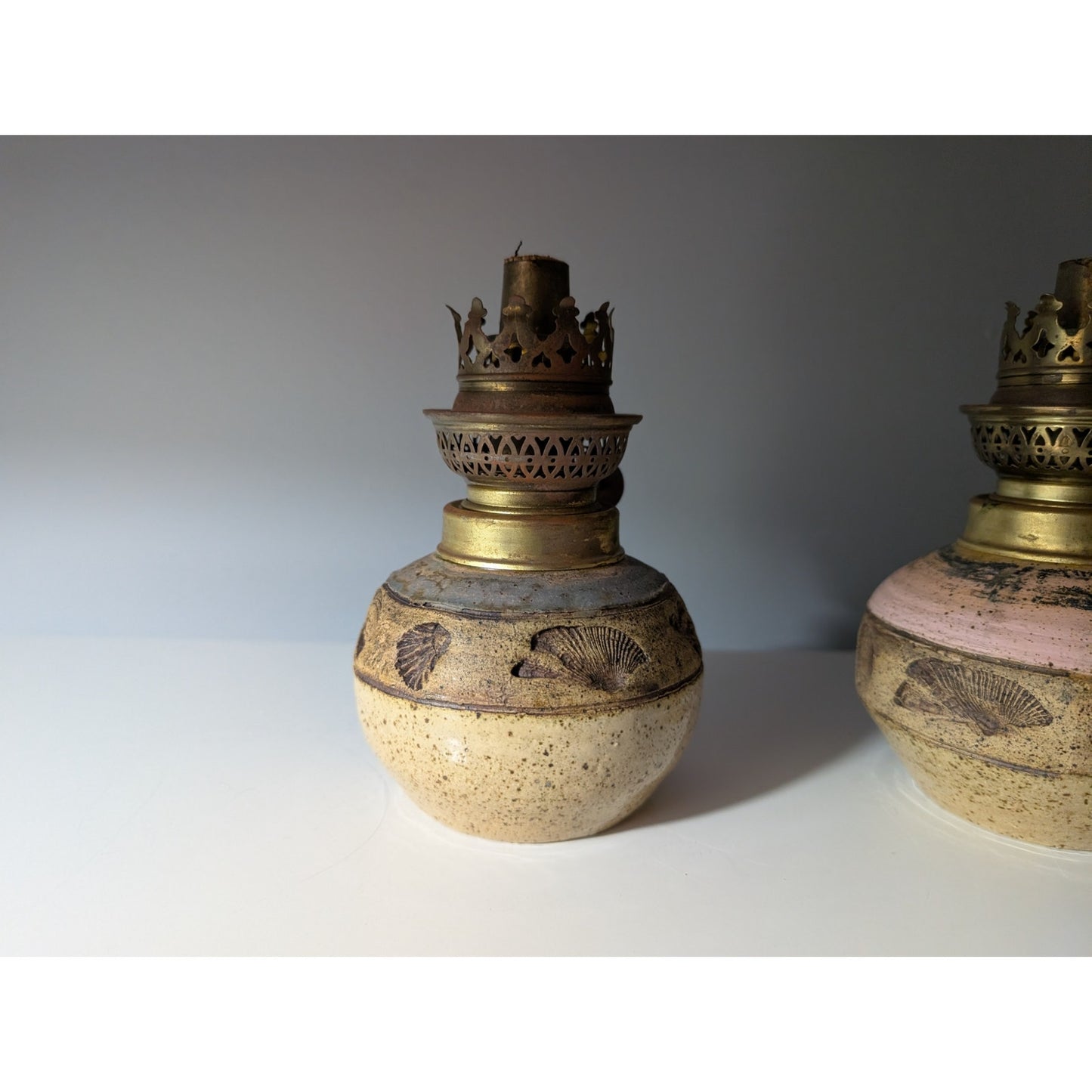 Pair of Vintage Studio Pottery Oil Lamps - Boho Seashell Motif