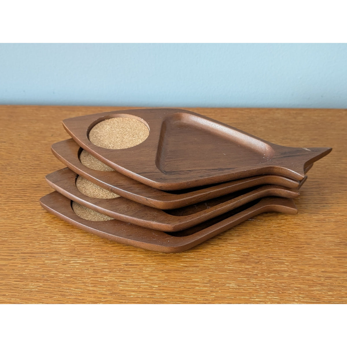 Vintage Set of 4 Jet Line Wood Fish Snack Tray Coasters - Mid-Century Modern