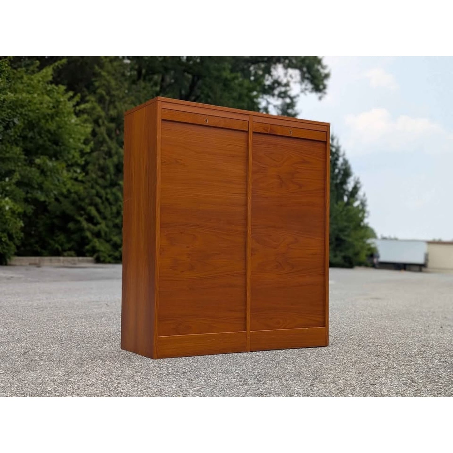 Danish modern teak cabinet with tambour doors and original key