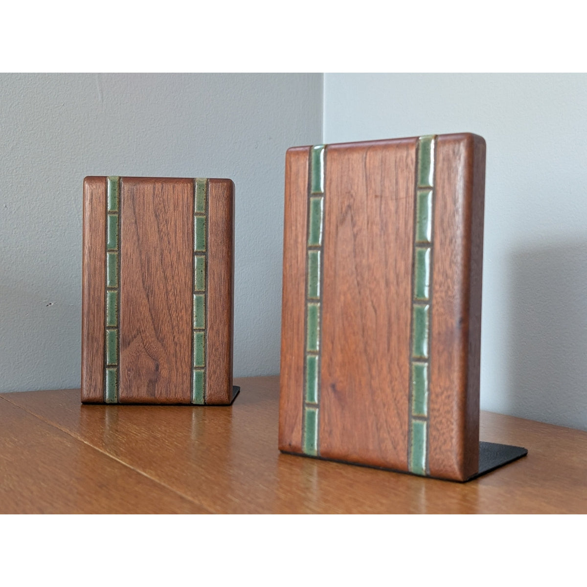 Vintage Martz for Marshall Studios Walnut Bookends with Inlaid Tile, labeled, 1960s