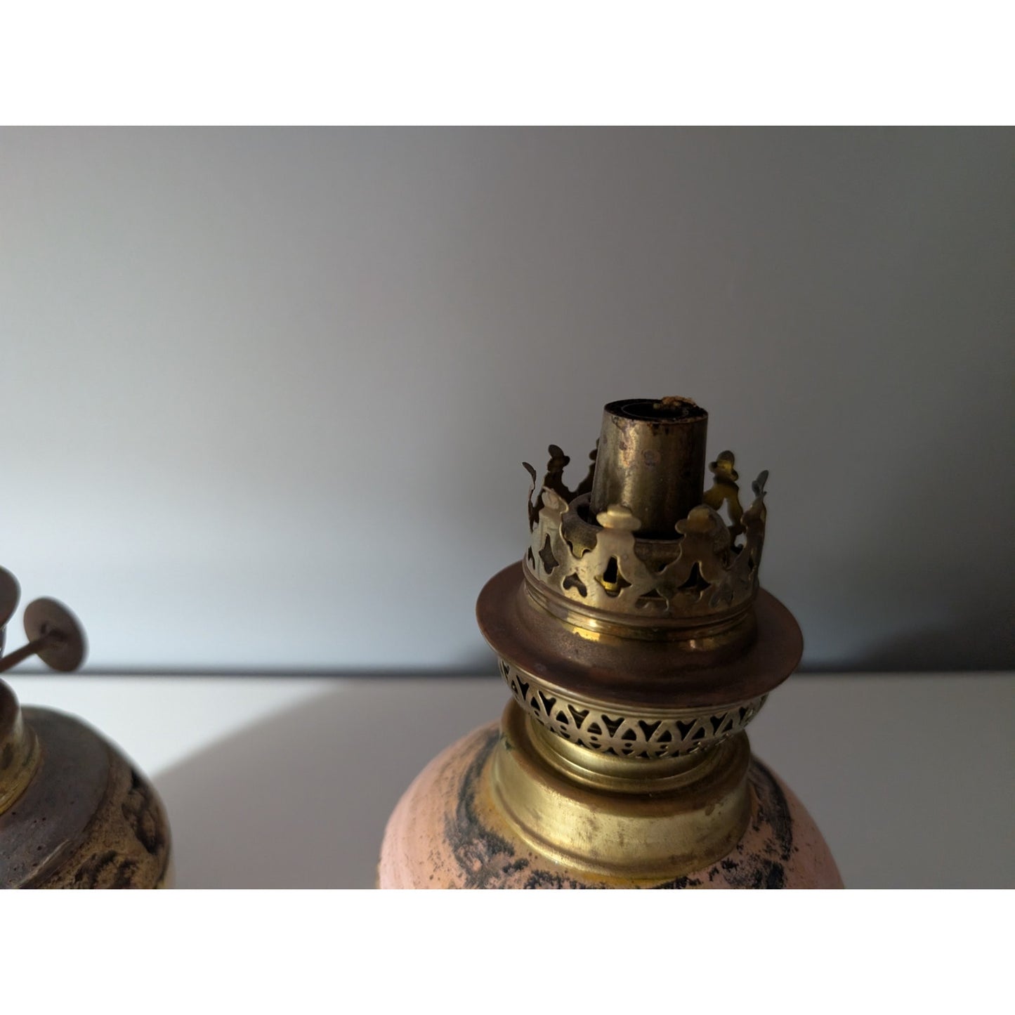 Pair of Vintage Studio Pottery Oil Lamps - Boho Seashell Motif