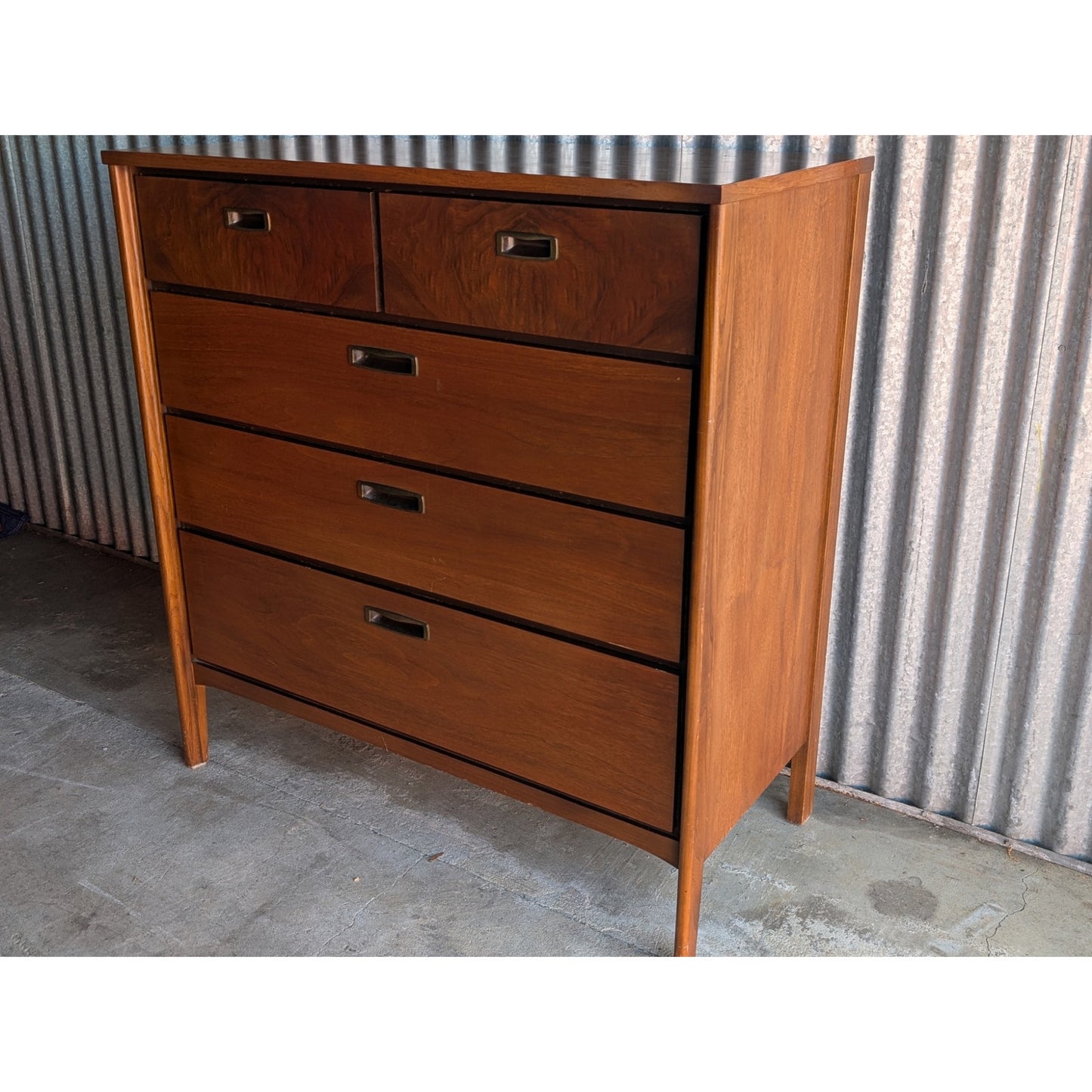Vintage Lane Mid-Century Modern Tall Dresser with Burlwood Drawer, Restored Top