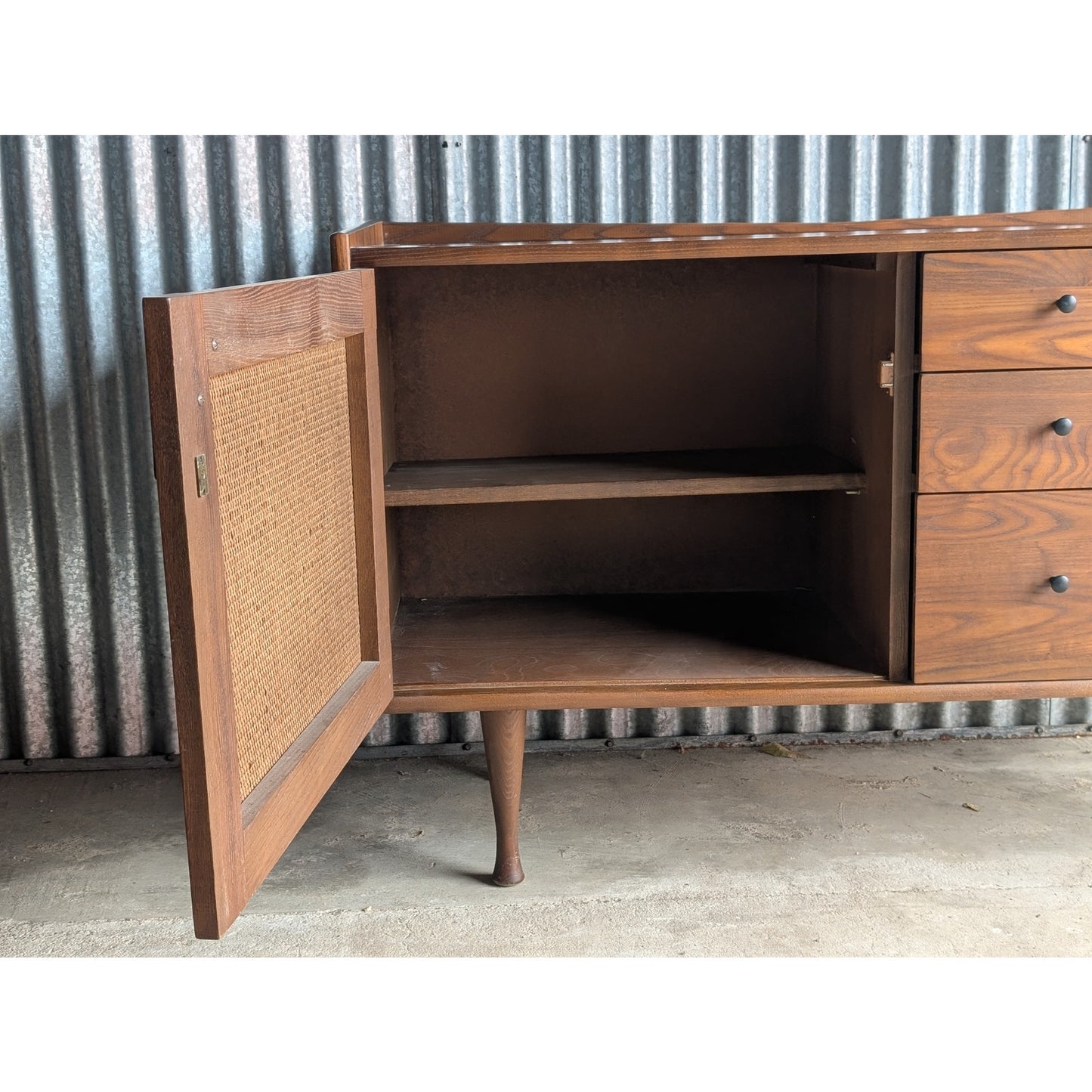 Heywood Wakefield Mid Century Modern Solid Oak Credenza with Cane Door