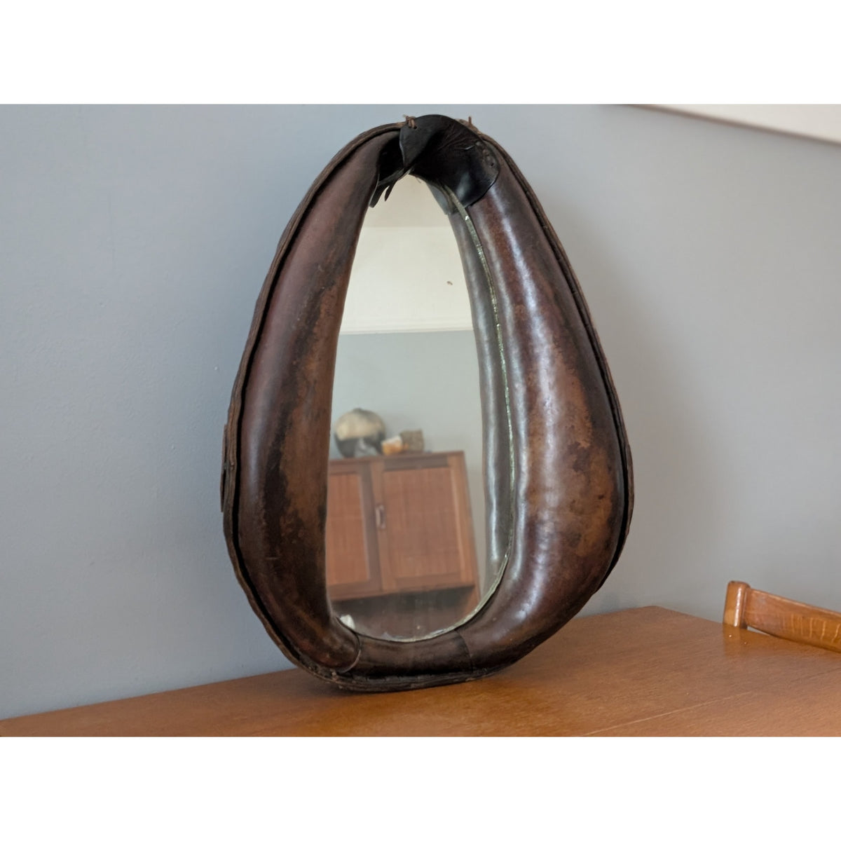 Vintage Rustic Horse Collar Mirror – Real Leather with Antique Patina — additional view 2
