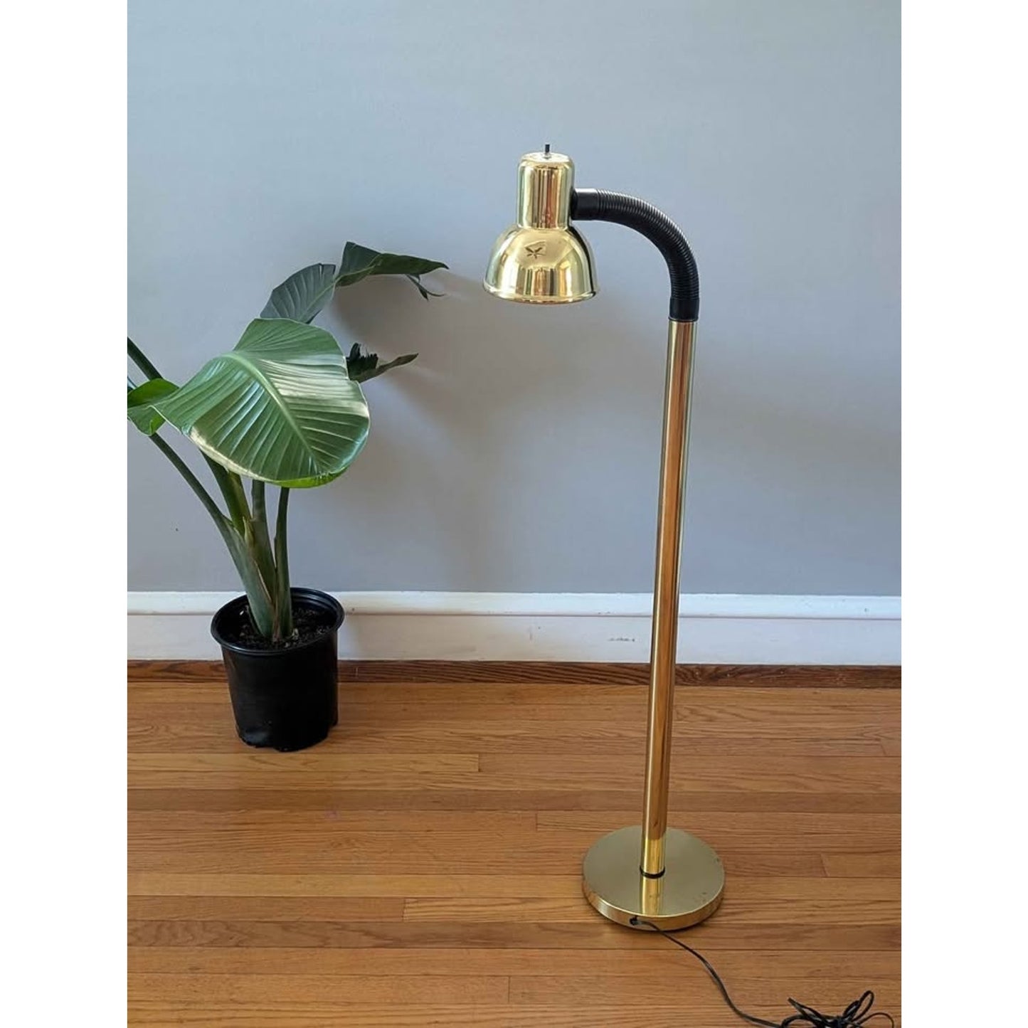 Vintage mid century modern gooseneck floor lamp, gold & black