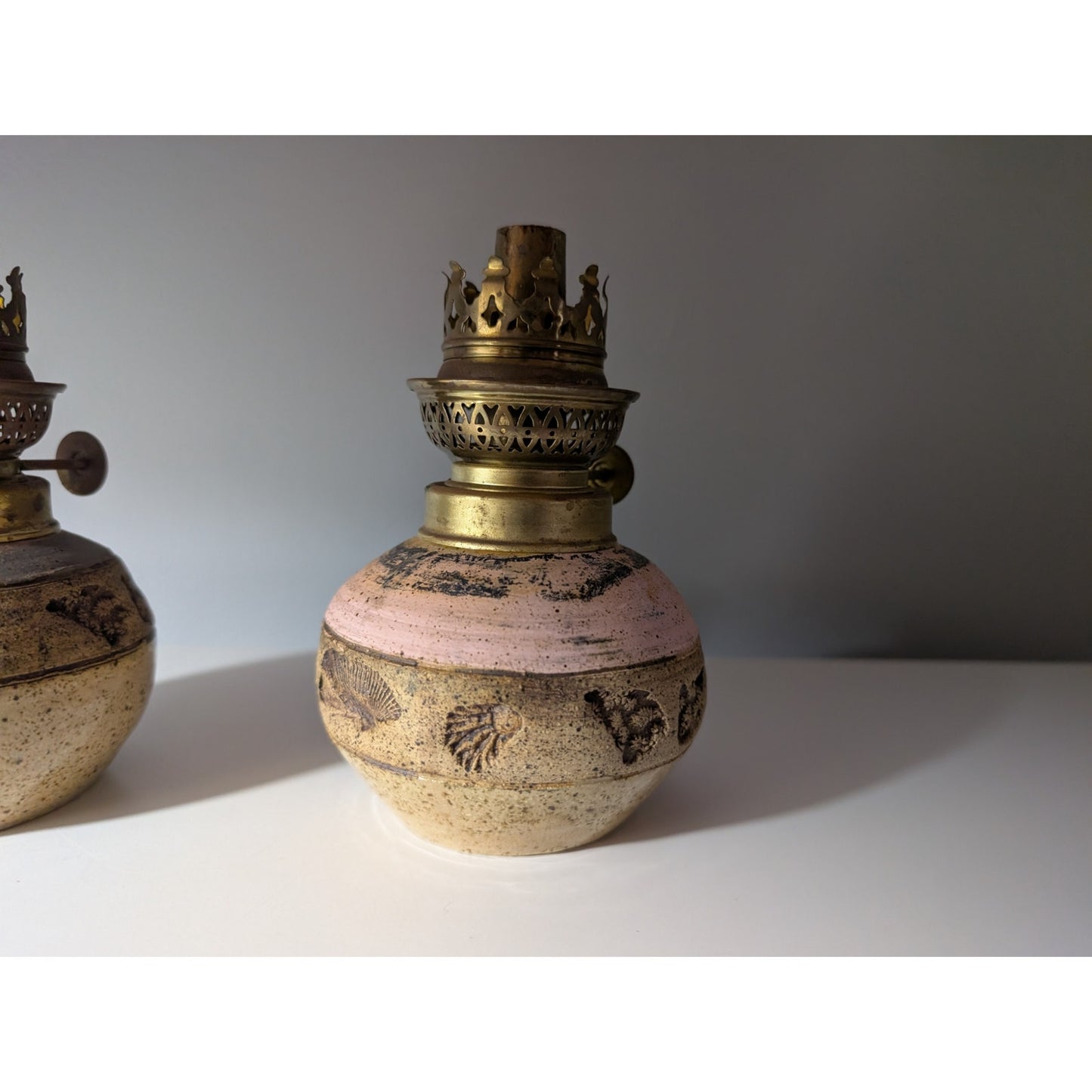 Pair of Vintage Studio Pottery Oil Lamps - Boho Seashell Motif