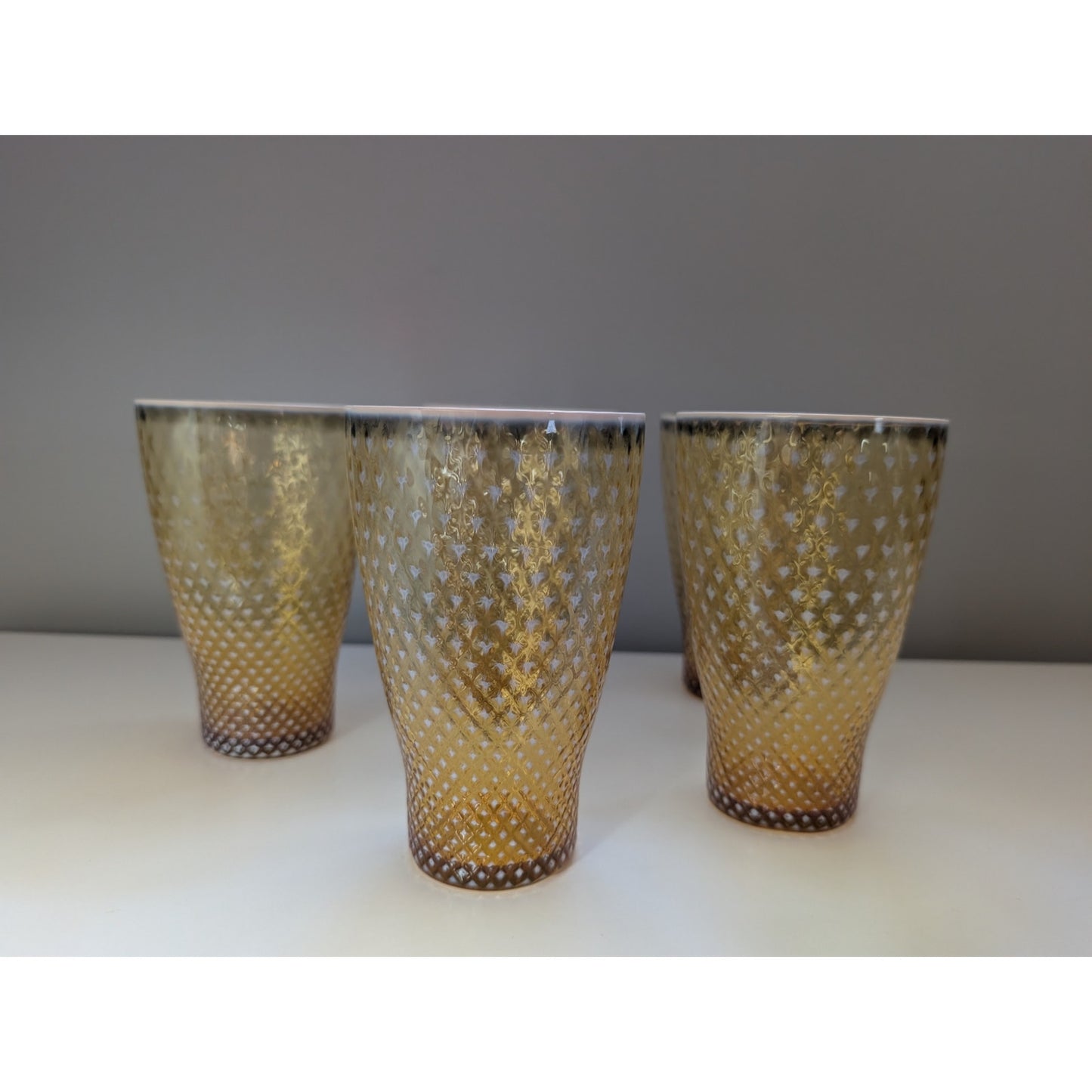 Set of 5 Fostoria Opalescent Gold Needlepoint Glass Tumblers