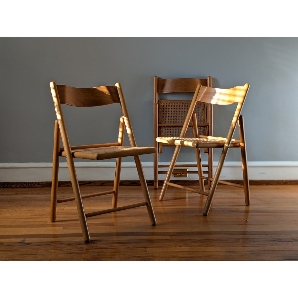 Set of 3 Vintage Mid-Century Modern Folding Chairs with Cane Seats