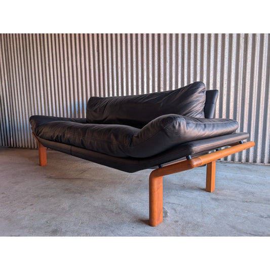 Mid-Century Modern Sofa by Komfort Denmark, Black Leather & Teak, Danish Modern