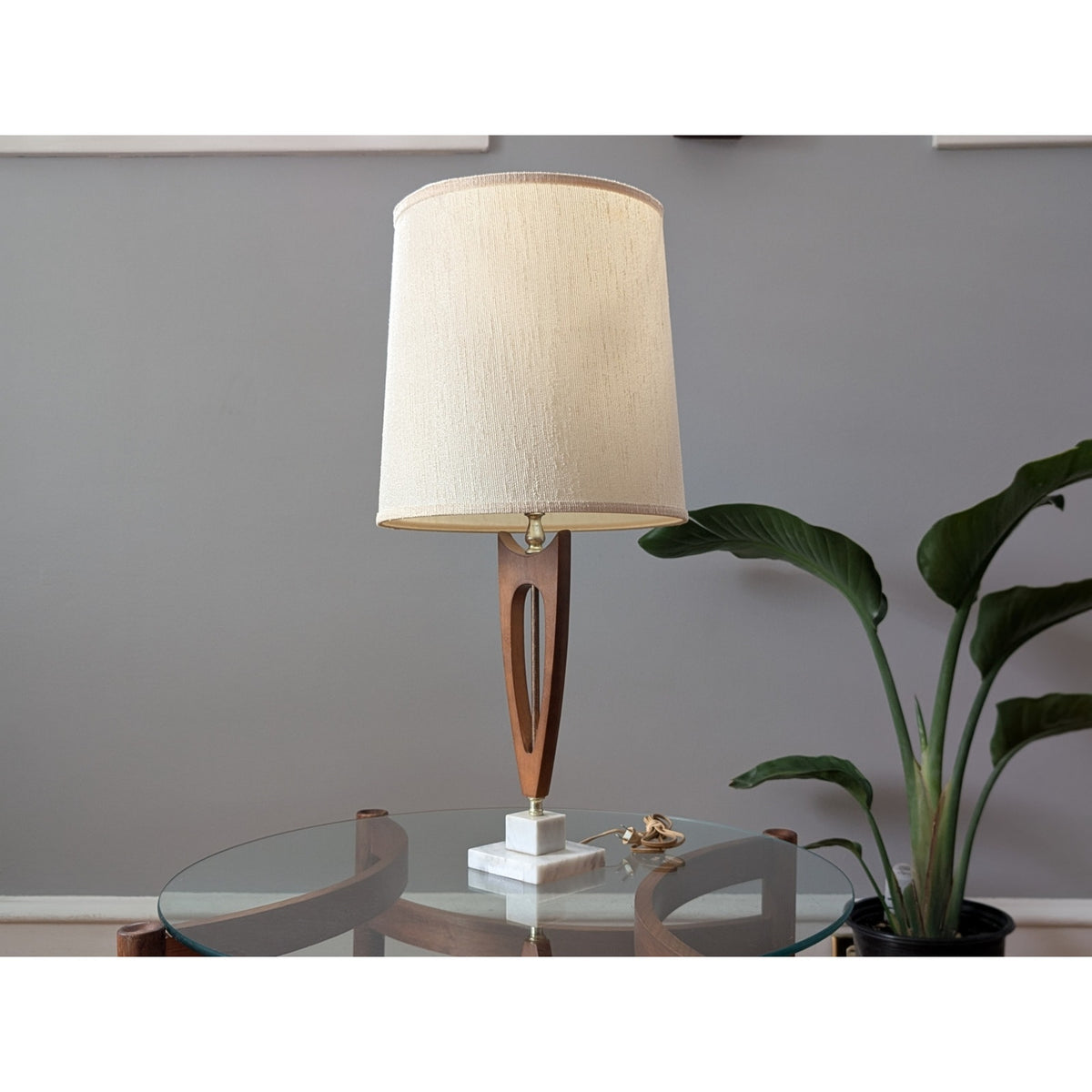 Vintage Mid-Century Modern Wood Lamp with White Stone Base and Shade – 29.75” Tall — additional view 6