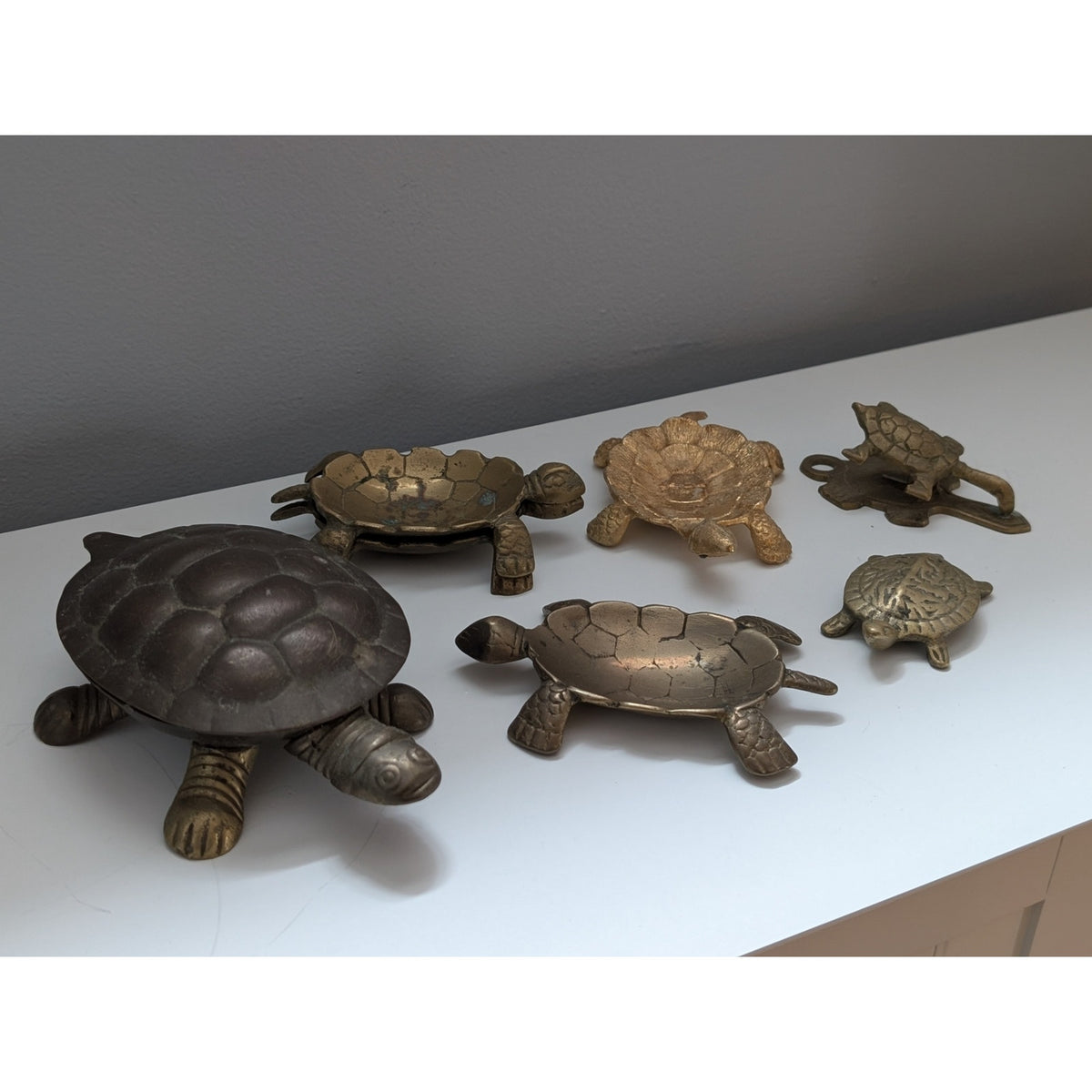 Collection of Vintage Brass Turtle Trinket Trays, Paperweight & Mail Clip