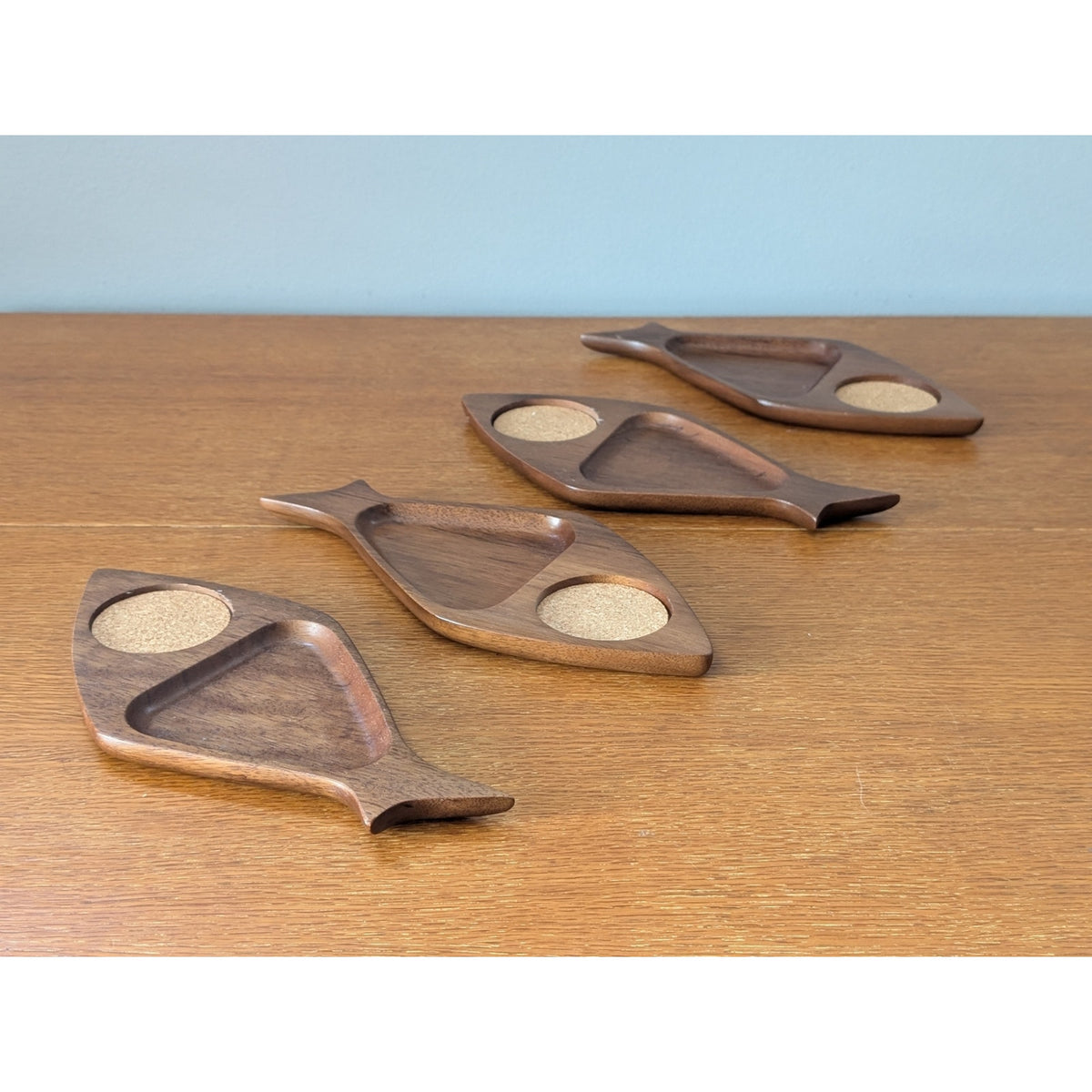 Vintage Set of 4 Jet Line Wood Fish Snack Tray Coasters - Mid-Century Modern — additional view 4