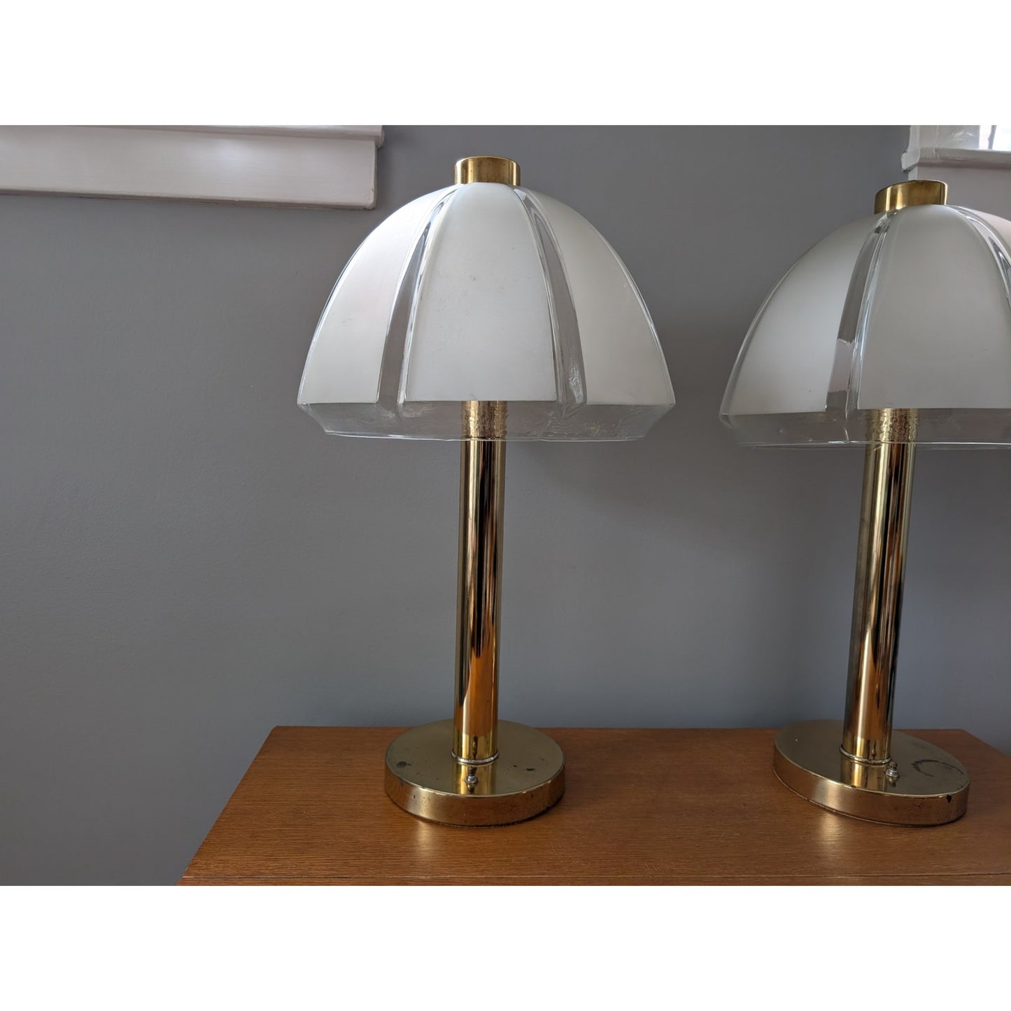 Pair of Vintage Clover Table Lamps with Frosted Mushroom Glass Shades