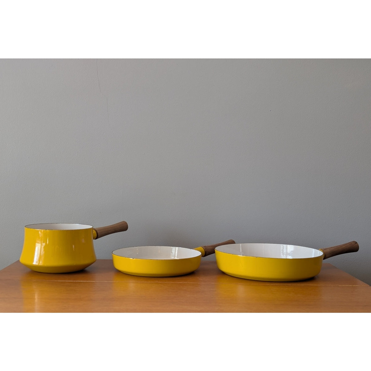 Vintage Set of 3 Dansk Yellow Pans with Teak Handles – Made in France — additional view 3