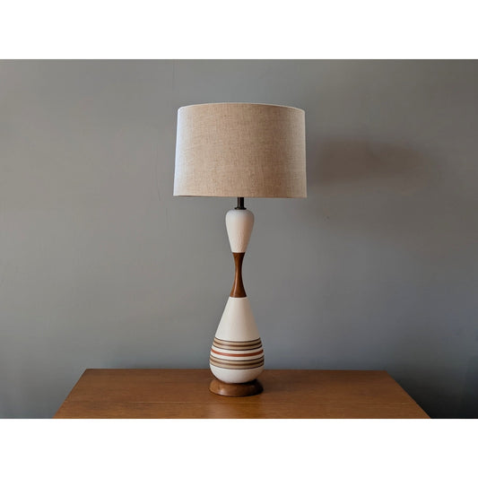 Vintage Mid Century Modern Ceramic and Walnut Lamp with Lampshade