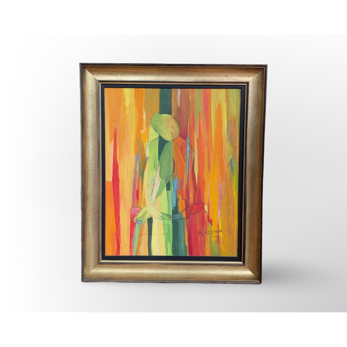 Vintage Mid Century Modern Abstract Painting Signed B. Nelson Gold Frame